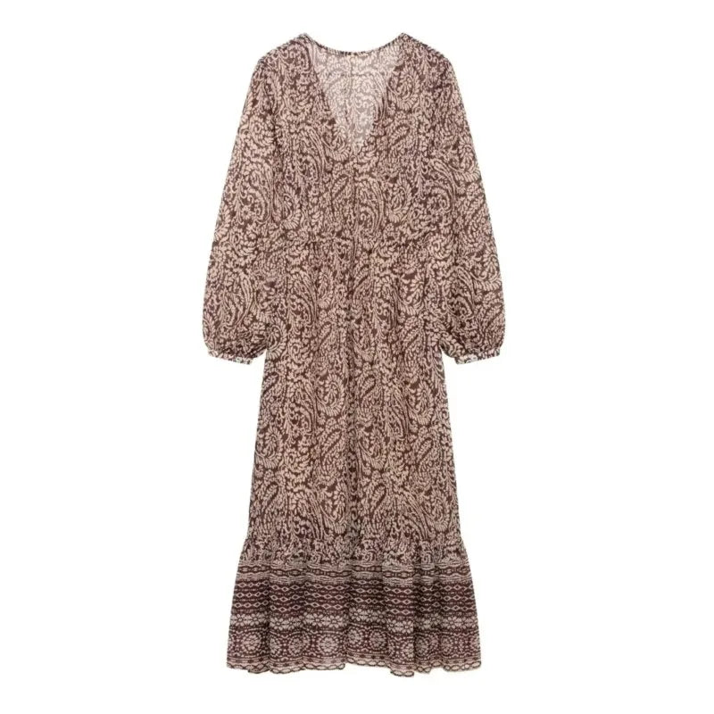 LIZAKOSHT  -  Floral Print Long Dress Women 2025 New Summer Elegant Loose V-neck Lace Up Midi Dresses Vintage Chic Boho Casual Party Dresses