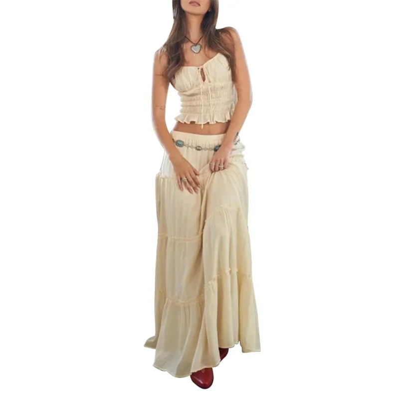 LIZAKOSHT  -  2 Piece Set Women Outfit Sexy Solid Color Tie Up Front Sleeveless Crop Tops and Long Skirts 2000s Clothing Streetwear