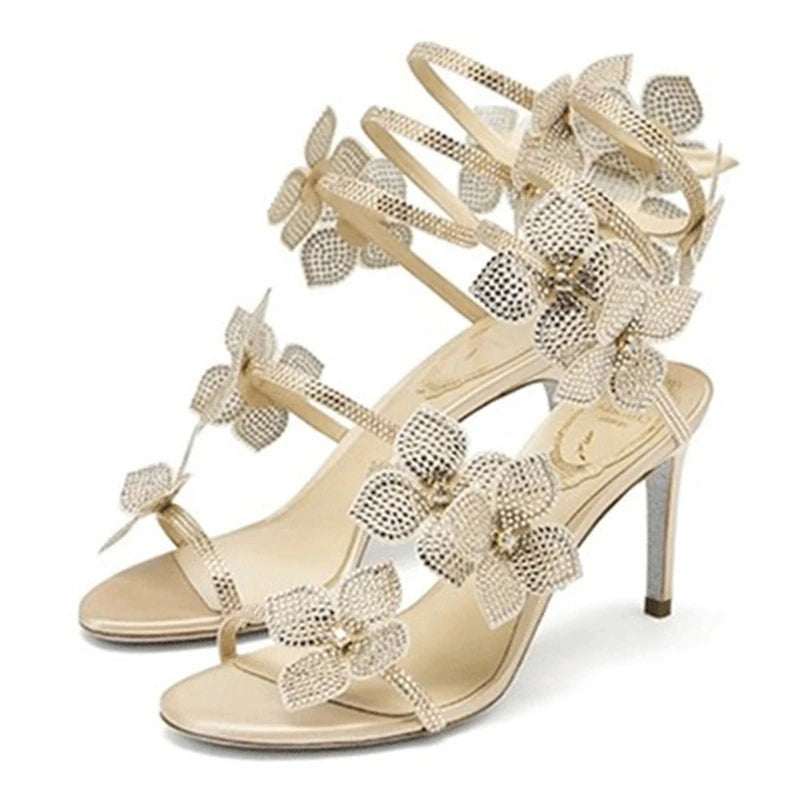 LIZAKOSHT  -  Sexy CRYSTAL Flower Thin High Heels Women Sandals Street Style Narrow Band Ankle Strap Pole Dancing Ladies Shoes