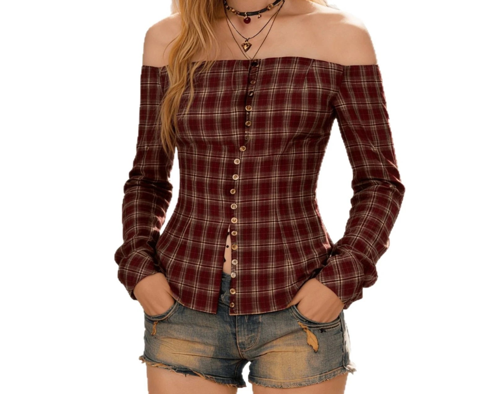 LIZAKOSHT  -  2026 Spring New Arrival Plaid One-Shoulder Long Sleeve Shirt with Design Appeal, Niche Style, Exposed Shoulder Top for Women