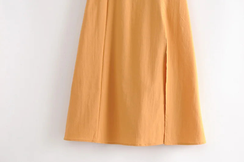 LIZAKOSHT  -  Sexy Solid Yellow Corset Style Bow Lacing up Strap Sling Dress Retro French Style Women Hem Slit Midi Long Dresses Holiday Robe