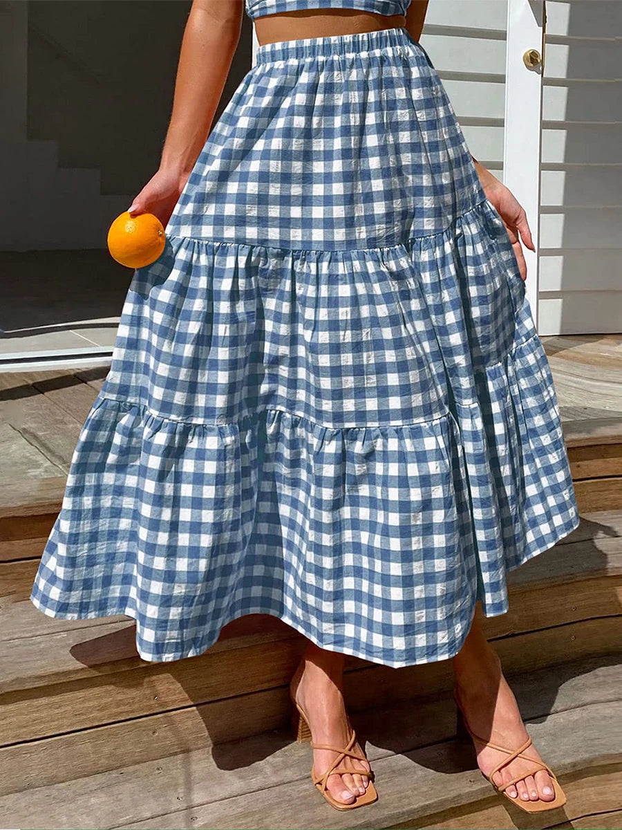 LIZAKOSHT  -  Maxi Gingham Skirt Vintage Tiered Ruff Patchwork Plaid Long Skirt Women Japanese Grunge Fairyore High Waist A-line Swing Skirts