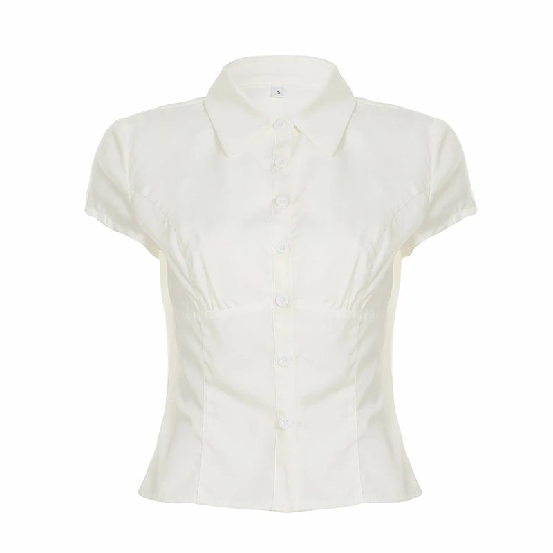 LIZAKOSHT  -  Casual Solid White Crop Blouses for Women Fashion Turn-down Neck Shirts Streetwear Korean Y2K Button Up Clothings