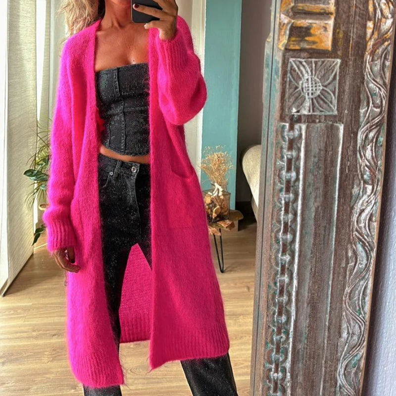 LIZAKOSHT  -  Office Ladies V-neck Long Sleeve Pocket Sweater Casual High Street Loose Sweater Coat Winter Solid Color Knitted Cardigan