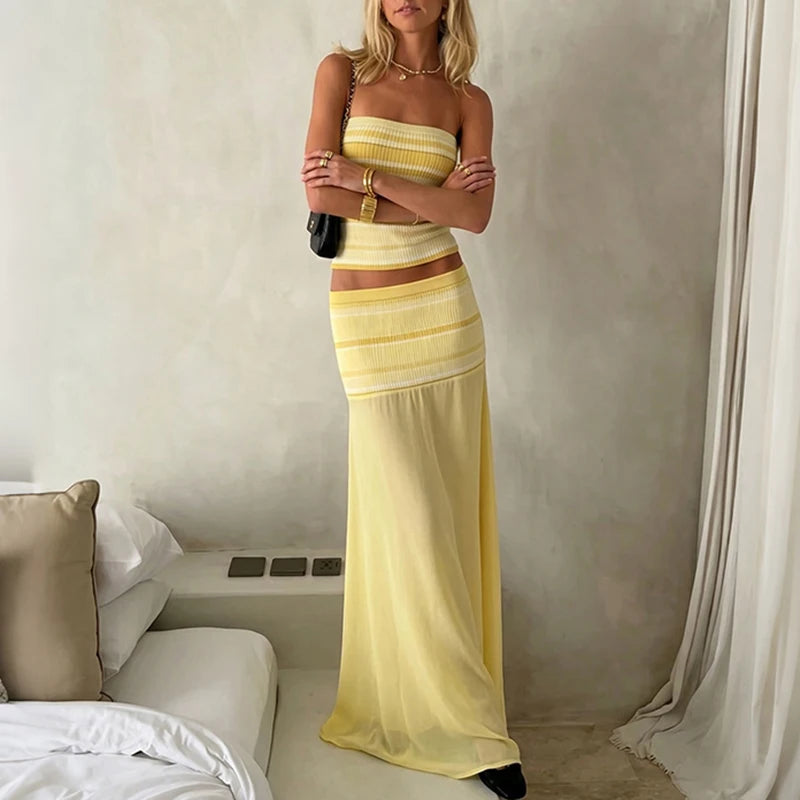 LIZAKOSHT  -  Sexy Strapless Off Shoulder Suit Chic Striped Backless Splice Outfit Casual Sleeveless Vest+Mesh Semi Transparent Skirt 2pc Set