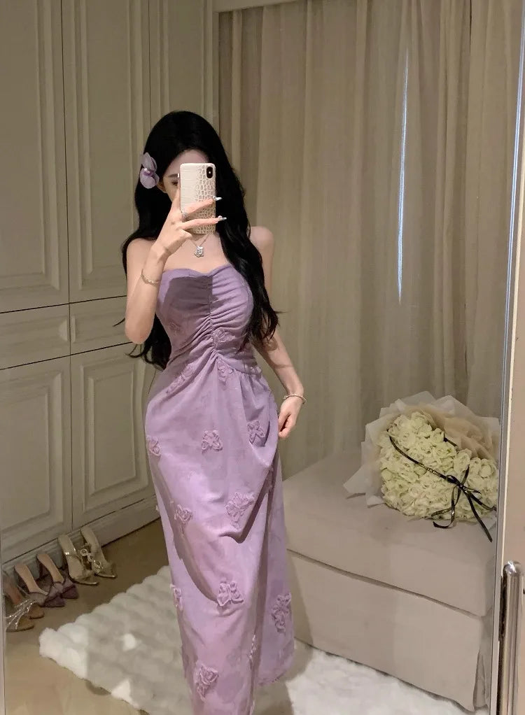 LIZAKOSHT  -  Woman Dress Sweet Sexy Strapless Flowers Slim Backless Vintage Elegant Summer Fashion Party Female Dresses Casual