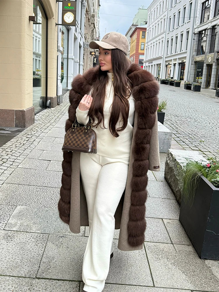 LIZAKOSHT  -  Patchwork Fur V-Neck Lace up Coat Woman Solid Color Long Sleeves Loose Warm Coats Luxury Chic Women's New Autumn Winter Jackets