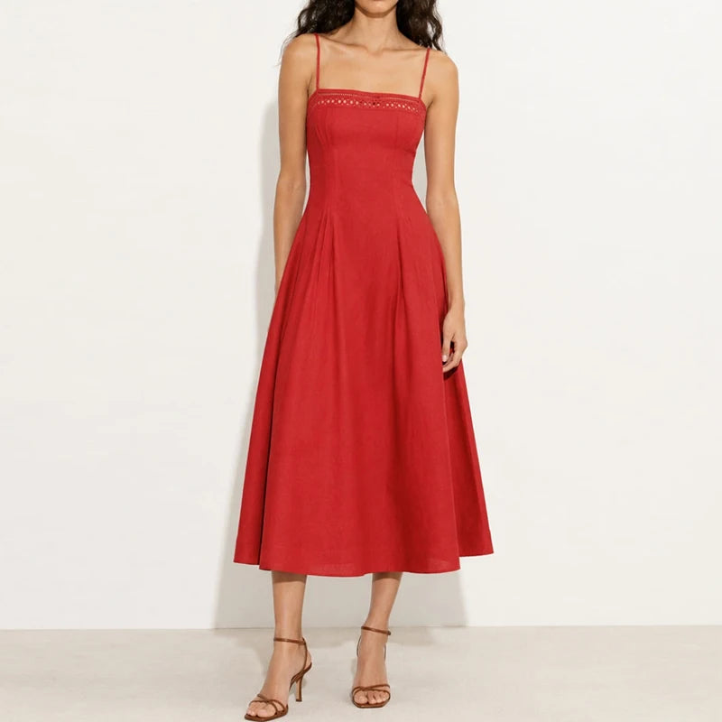LIZAKOSHT  -  Women Sexy Simple Backless Hollow Long Dress Elegant Waist Embroidery vacation Dresses Off Shoulder Sleeveless Suspenders Dress