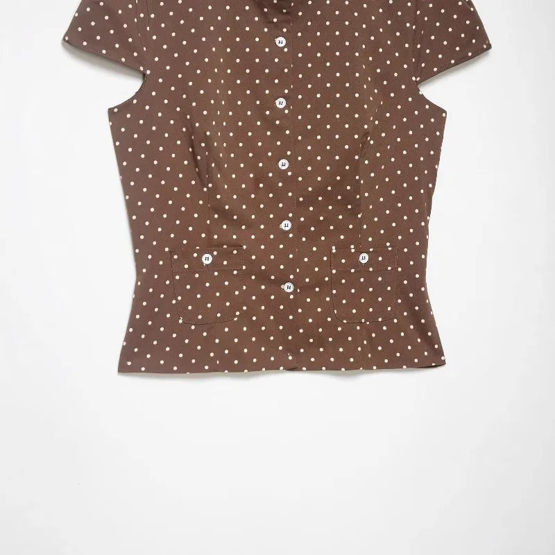 LIZAKOSHT  -  Vintage American Office Lady Women T Shirt Y2k Fashion Popular Polka Dot Print Thin Punk Clothes Harajuku Slim Waist Buttons Top