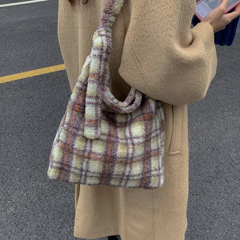 LIZAKOSHT  -  New Winter Autumn Plaid Furry Crossbody Bag Women Large Capacity Retro Shoulder Tote Bucket Bag Simple and Versatile Storage Bag