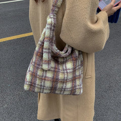 LIZAKOSHT  -  New Winter Autumn Plaid Furry Crossbody Bag Women Large Capacity Retro Shoulder Tote Bucket Bag Simple and Versatile Storage Bag