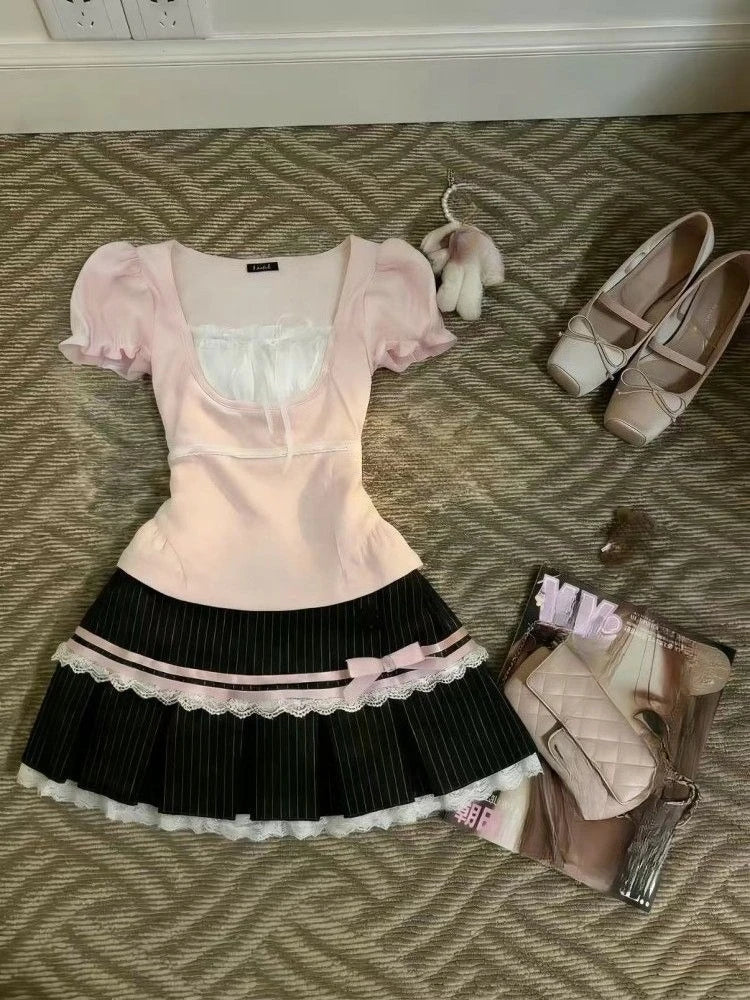 LIZAKOSHT  -  Y2k Harajuku Vintage Sweet Slim 2 Piece Skirt Sets Kawaii Short Sleeve Tops + Bow Patchwork Cake Mini Skirts 2000s Lolita Suits