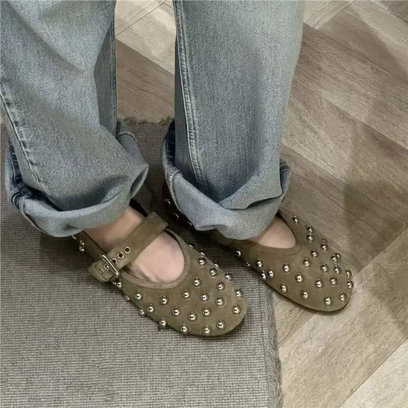 LIZAKOSHT  -   Studded Mary Jane Flats Women Suede Round Toe Buckle Strap Ballet Shoes Brown Punk Goth Casual Loafers Comfortable Ladies