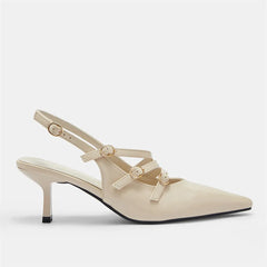 LIZAKOSHT  -  Elegant Beige Kitten Heels Slingback Pumps Classic Pointy Toe Buckle Straps Office Lady Shoes Women