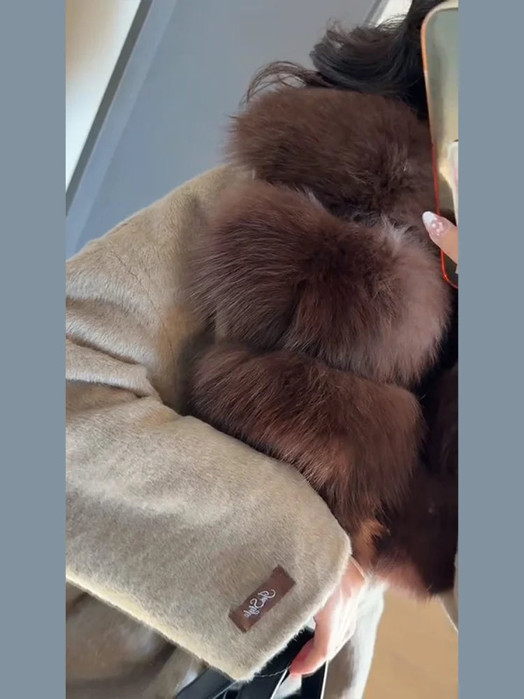 LIZAKOSHT  -  Patchwork Fur V-Neck Lace up Coat Woman Solid Color Long Sleeves Loose Warm Coats Luxury Chic Women's New Autumn Winter Jackets