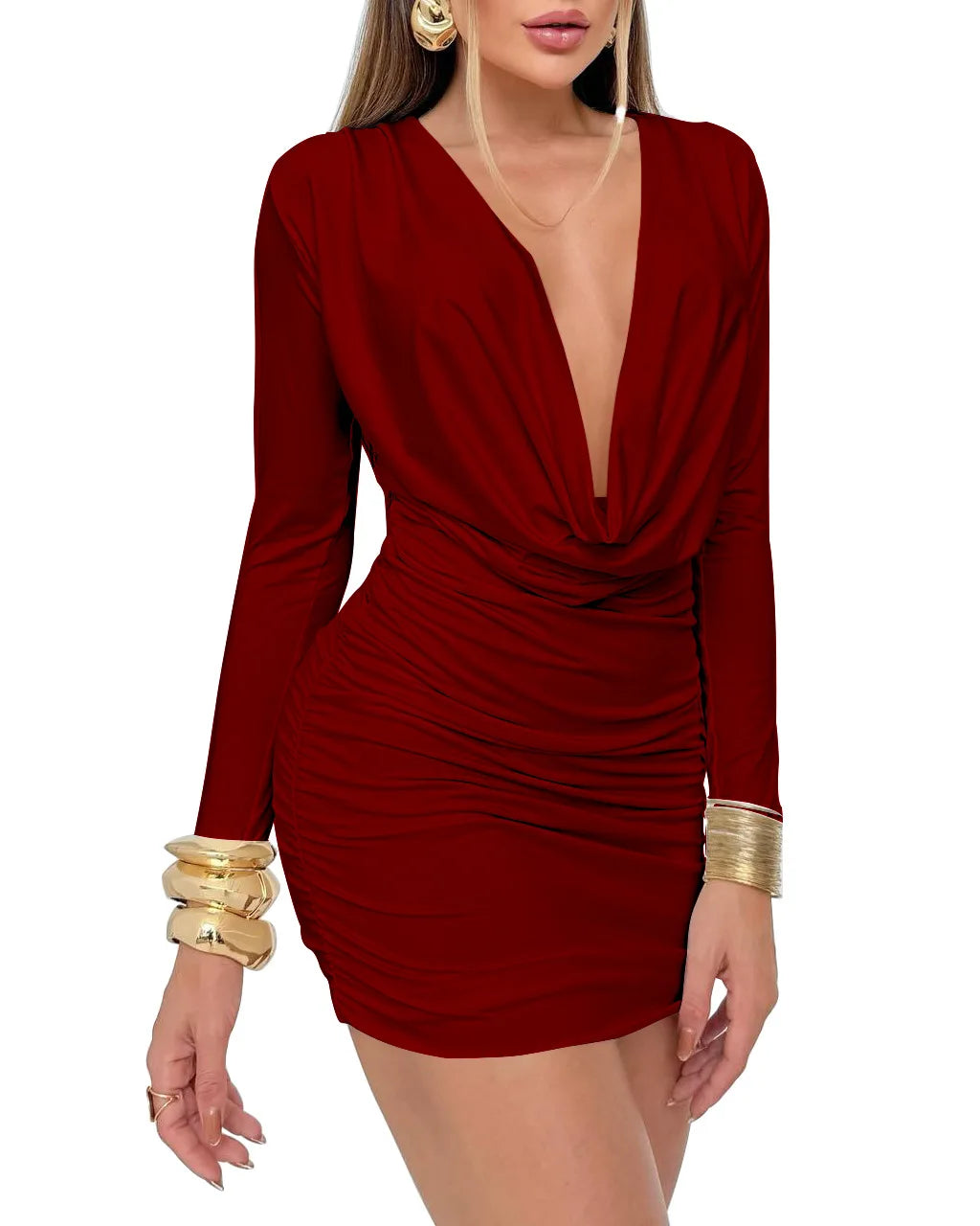 LIZAKOSHT  -  Deep V Long Sleeve Bodycon Mini Dress Sexy Pleated Skirt Tight Fit Milk Silk Fabric High Waist Short Dress