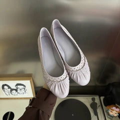 LIZAKOSHT  -   High Quality Women Ruched Rivet Ballet Flats Round Toe Soft Leather Slip on Daily French Casual Flat Shoes Zapatos De Mujer