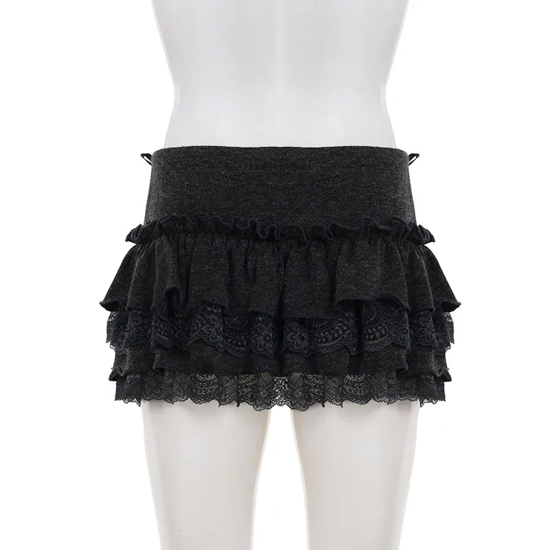 LIZAKOSHT  -  Sweet Cute Lace Fluffy Cake Skirt Korean Casual Elastic Low Waist Mini Skirt Y2K Women Clothing Summer Harajuku 2026