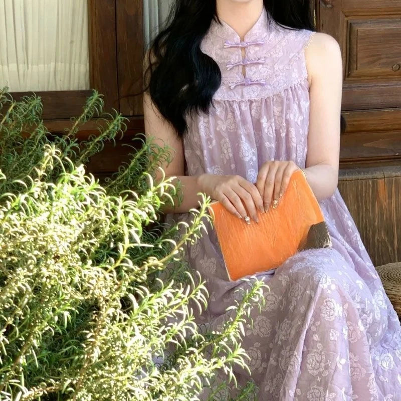 LIZAKOSHT  -  Spring Summer Dresses for Women Chinese Style Purple Elegant Vestidos Mujer Vintage Loose Beach Long Dress
