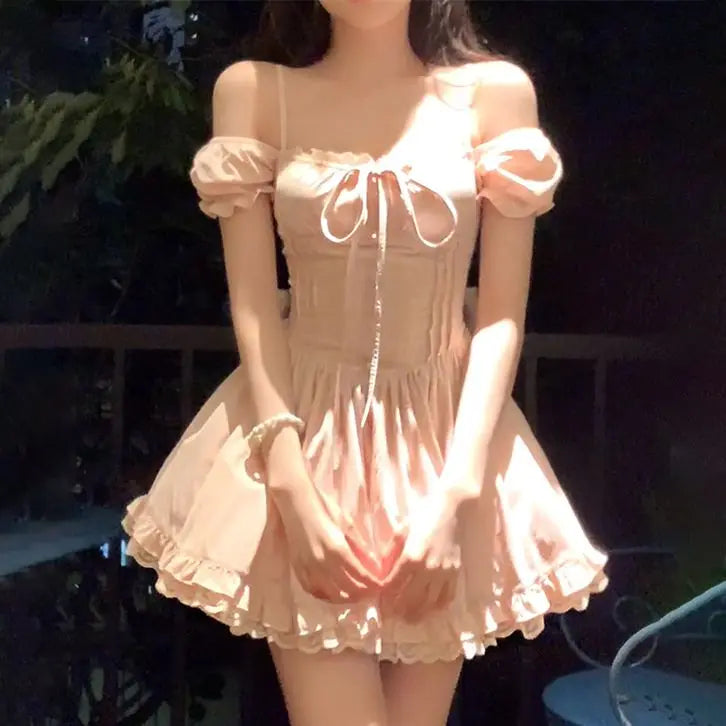 LIZAKOSHT  -  Sweet Hot Girl Pure Sexy Bow Square Collar Dress for Women's Summer Slim Fit A-line Short Dress Fashion Female Clothes