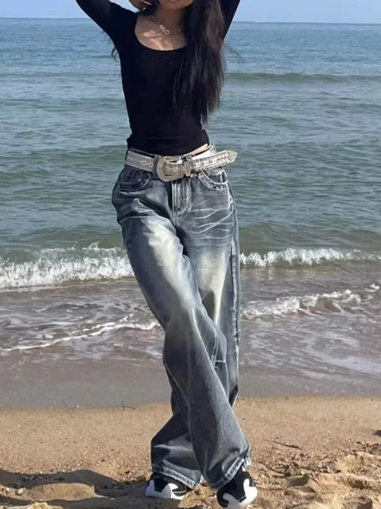 LIZAKOSHT  -  Y2k Vintage 90s Streetwear High Waist Wide Leg Pants American Retro Grunge Casual HipHop Oversized Baggy Denim Pant 2024