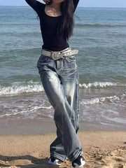LIZAKOSHT  -  Y2k Vintage 90s Streetwear High Waist Wide Leg Pants American Retro Grunge Casual HipHop Oversized Baggy Denim Pant 2024