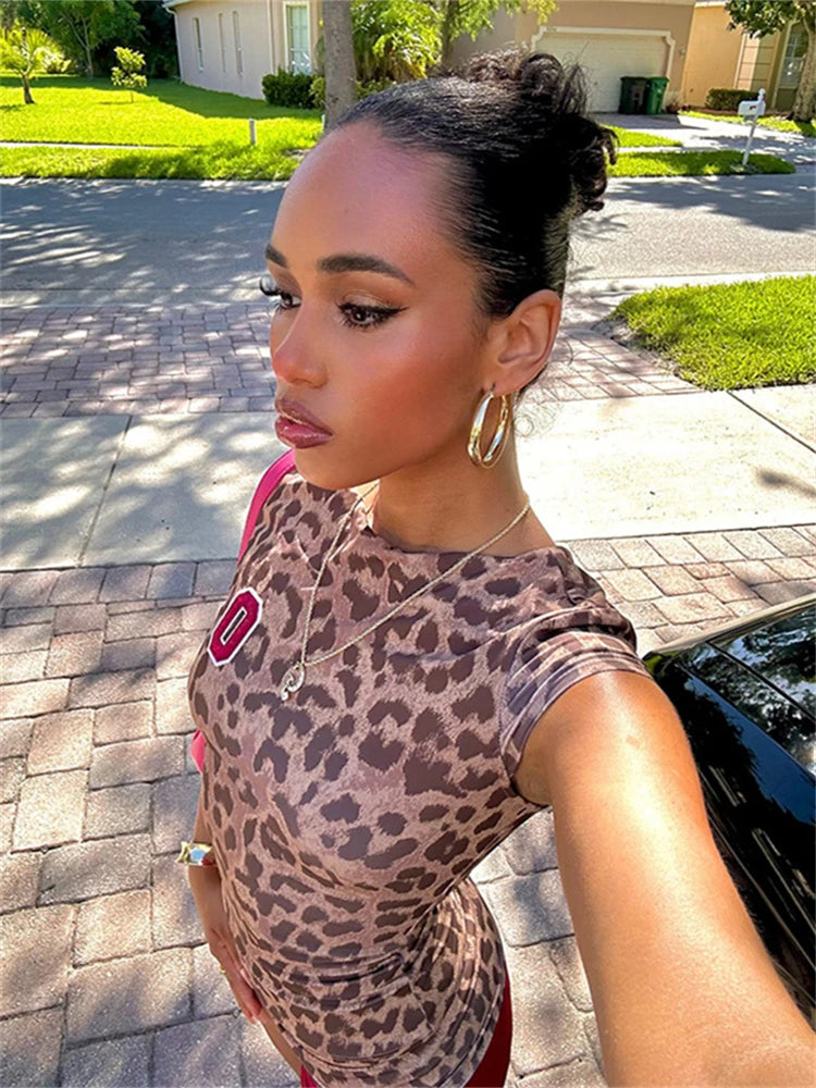 LIZAKOSHT  -  Summer Leopard Print Patchwork 2 Piece Tracksuit Vacation Casual For Women 2024 Short Sleeve Bodycon Crop Tops Shorts Set