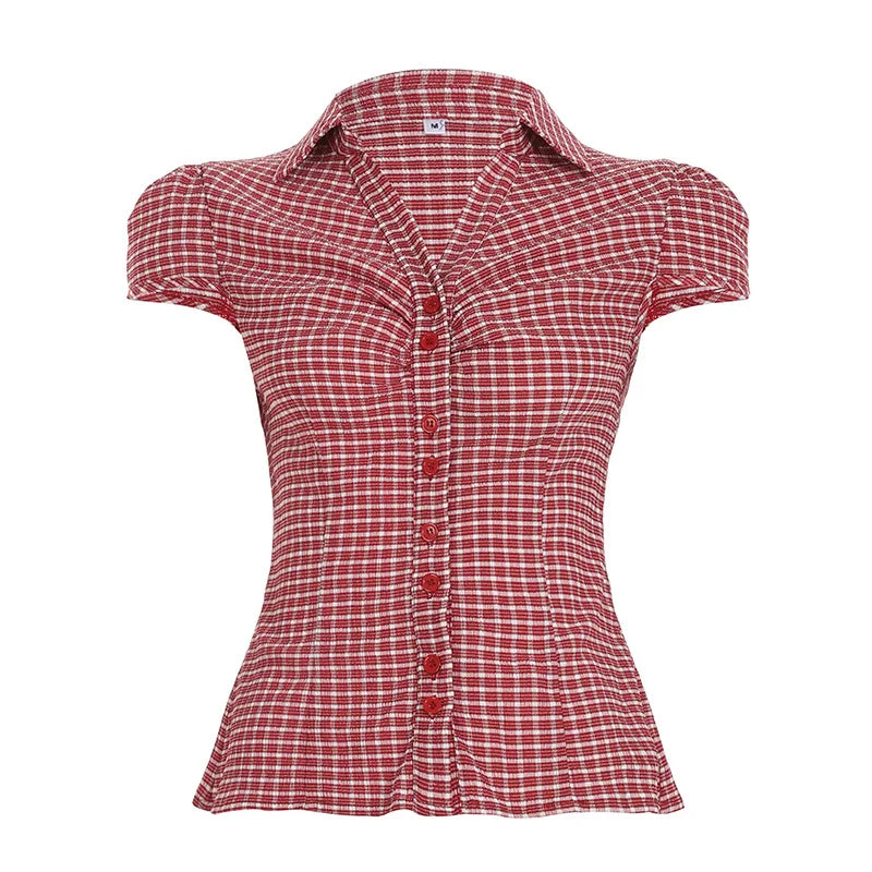 LIZAKOSHT  -  College Style Breasted Plaid Simple Casual Versatile Shirt with Retro Street Style Lapel and Waist Cinching for Slimming Effect