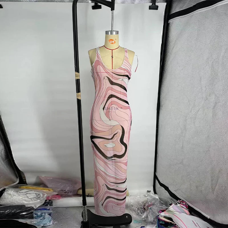LIZAKOSHT  -  Sexy Women's Sheer Mesh Bodycon Maxi Dress Chic Print Sleeveless Slim Fit Beach Vacation Long Dresses Casual Daily Female Outfit