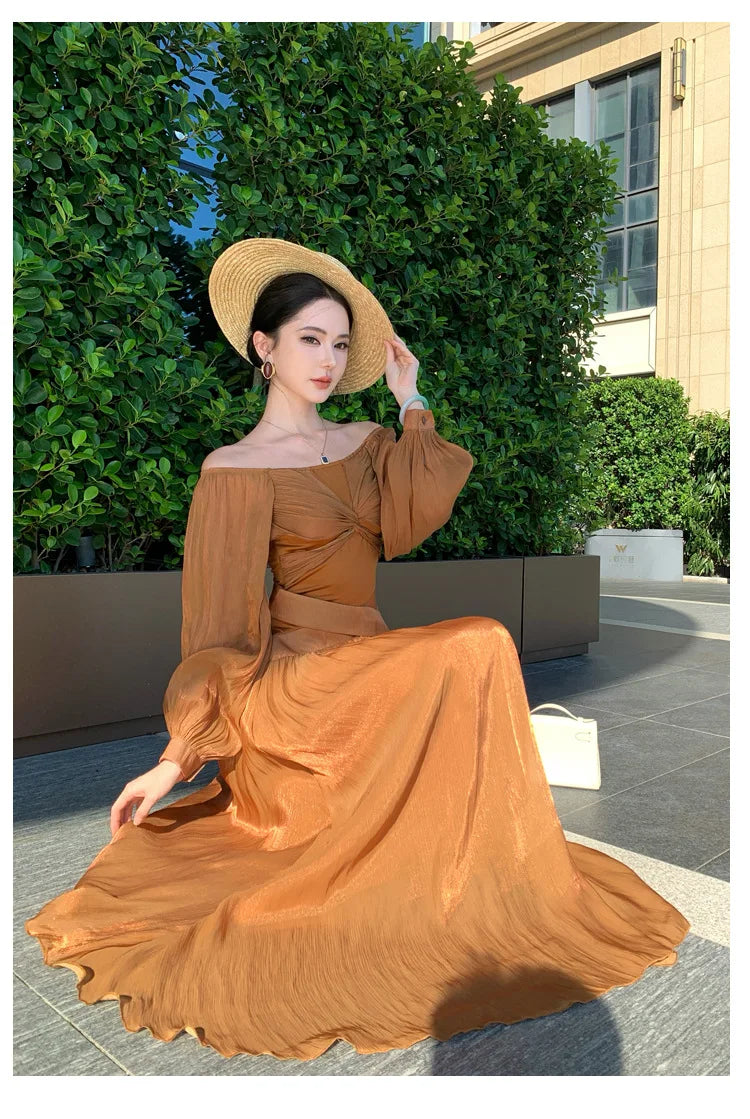 LIZAKOSHT  -  2026 French Style Glossy Lantern Sleeves Kinked Butterfly One-word Shoulder Dress Pendant Long Dress