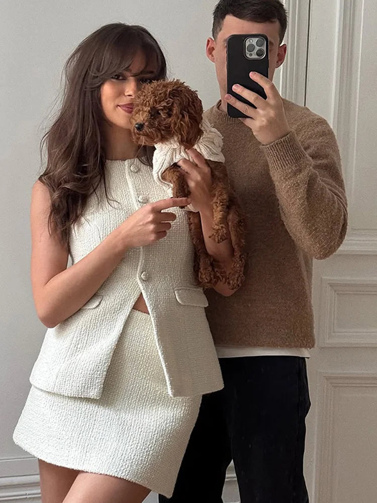 LIZAKOSHT  -  Elegant Tweed Vest Mini Skirt Woman's Set Vintage White O-neck Single Breasted Vests A-lined Skirts Sets Lady Chic Street Outfit