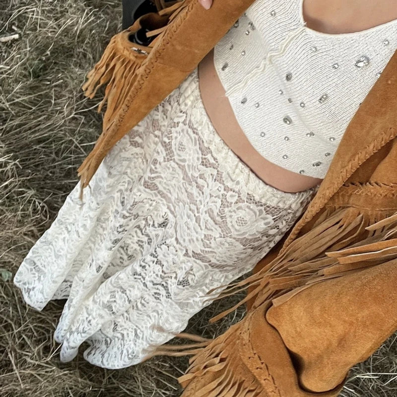 LIZAKOSHT  -  Y2k Vintage Floral See-Through Maxi Skirt Aesthetic Clothes Lace Sheer A-Line Skirt Women High Street Beach Vacation