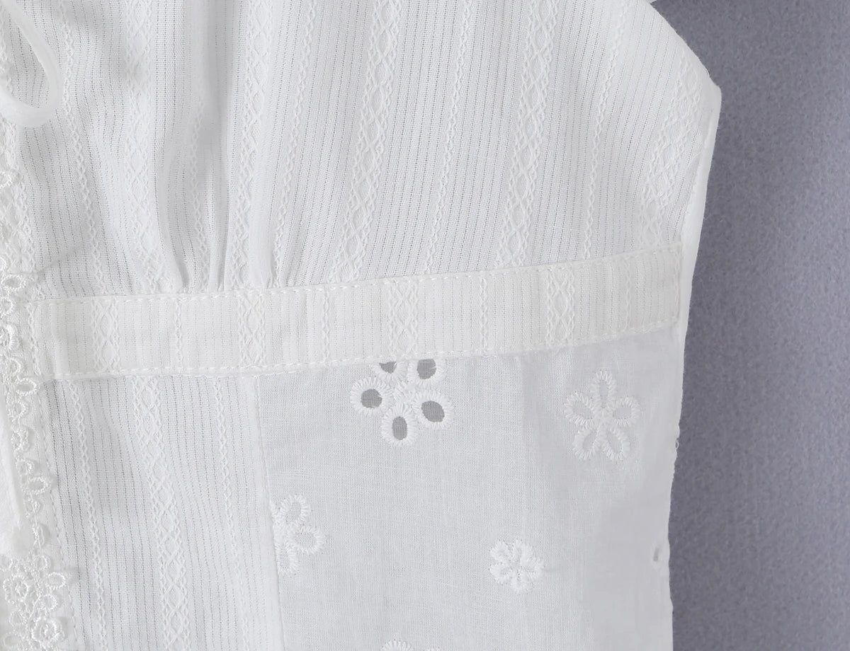 LIZAKOSHT  -  CHIC White Embroidery Flower Hole Lapel V Collar Short Puff Sleeve Shirt Women Bow Lacing Up Front Side Zipper Blouse Crop Tops
