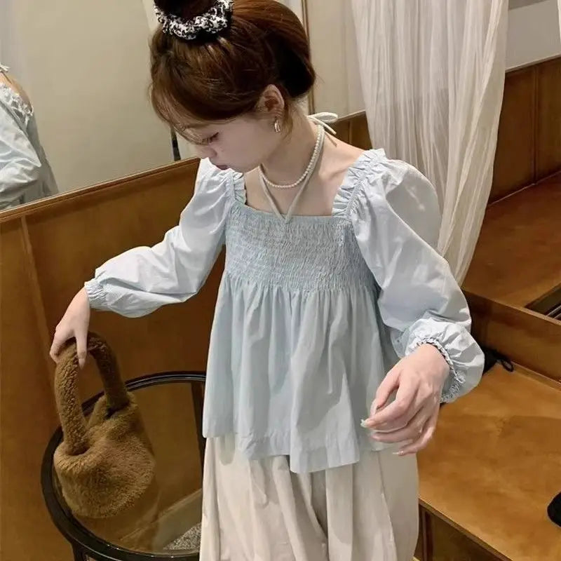 LIZAKOSHT  -  Autumn Mushroom Edge Square Neck Chiffon Long Sleeve Blouse for Women Autumn New Fashionable Unique Puff Sleeve Short Top