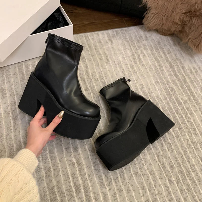 LIZAKOSHT  -  Black Ankle Boots For Women Platforms Shoes Fall Round Toe Punk Shoes Chunky Heeled Ladies Boots Back Zipper Bota Feminina