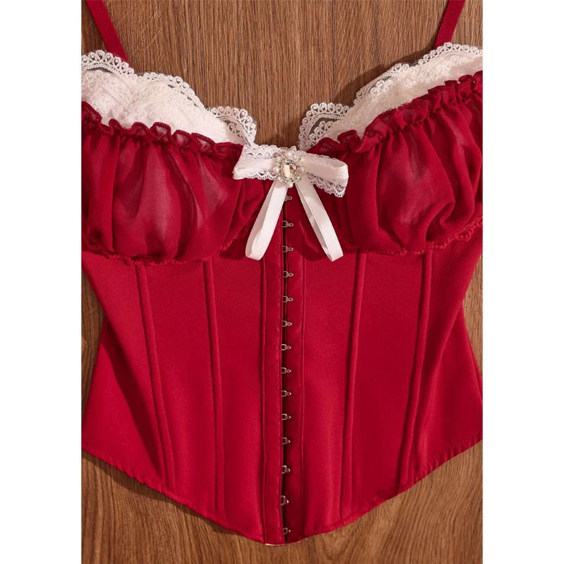 LIZAKOSHT  -  Red Strapped Lolita Camis Vest Women Sexy Sweet Bow Slim Fit Single Button Tank Japan Lace Pacthwork Pretty Style Jk Cosplay Top