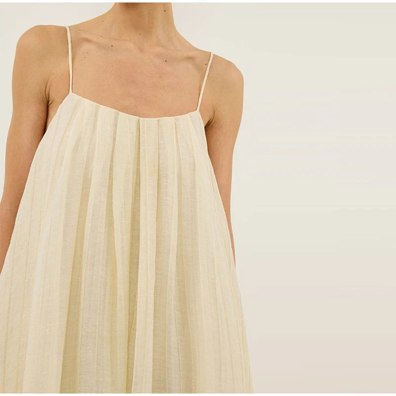 LIZAKOSHT  -  Casual Loose Pleated Sling Long Dress Women Chic Simple Beige Sleeveless Low Cut Holiday Dresses Lady Retro Summer Beach Vestido