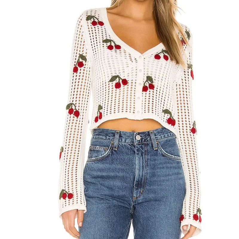 LIZAKOSHT -  Kawaii Cute Cherry Cardigan Sweet Slim Prairie Chic Long Sleeve V-Neck Sweater Women Knitted Crop Tops y2k Japanese Streetwear