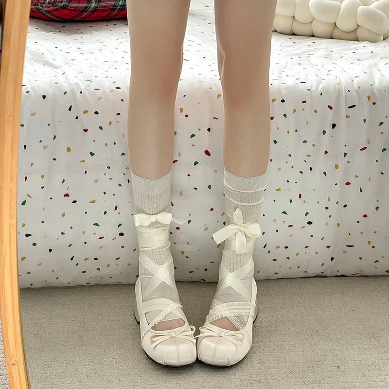 LIZAKOSHT  -  Lace Cross Strap Women Mary Jane Shoes Fashion Sweet Butterfly-knot Thick Heel Shoes Spring Autumn Ladies Elegant Dress Pumps