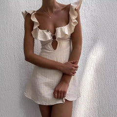 LIZAKOSHT  -  High Street Solid Buttoned Hollow Out Nightclub Dress Women Square Collar Mini Dress Sexy Lotus Edge Suspender Short Dress