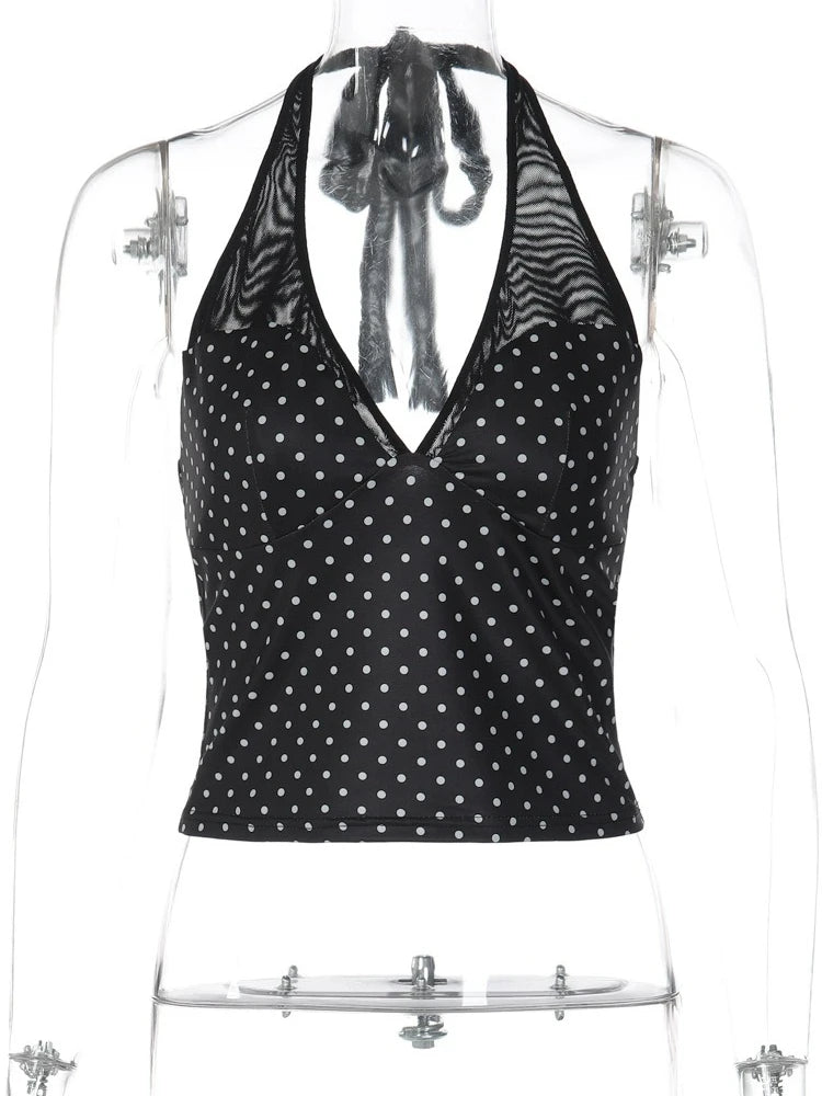 LIZAKOSHT  -  Woman Clothing Halter Neck Polka Dot Tank Tops 2026 Summer Casual Sexy Sleeveless Mesh Patchwork Corset Camisoles Black T-shirt