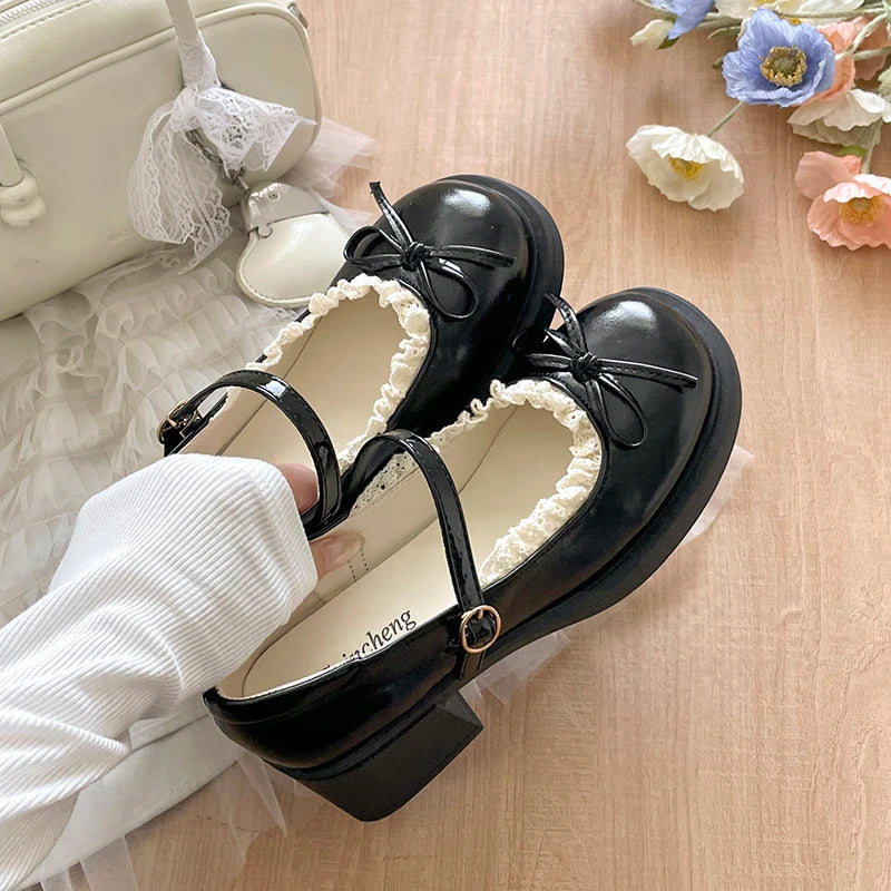 LIZAKOSHT  -  Cute Polka Dot Thick Heel Women Mary Jane Shoes Comfort Shallow Strap Pumps Ladies Eelgant Butterfly-knot Dress Single Shoes