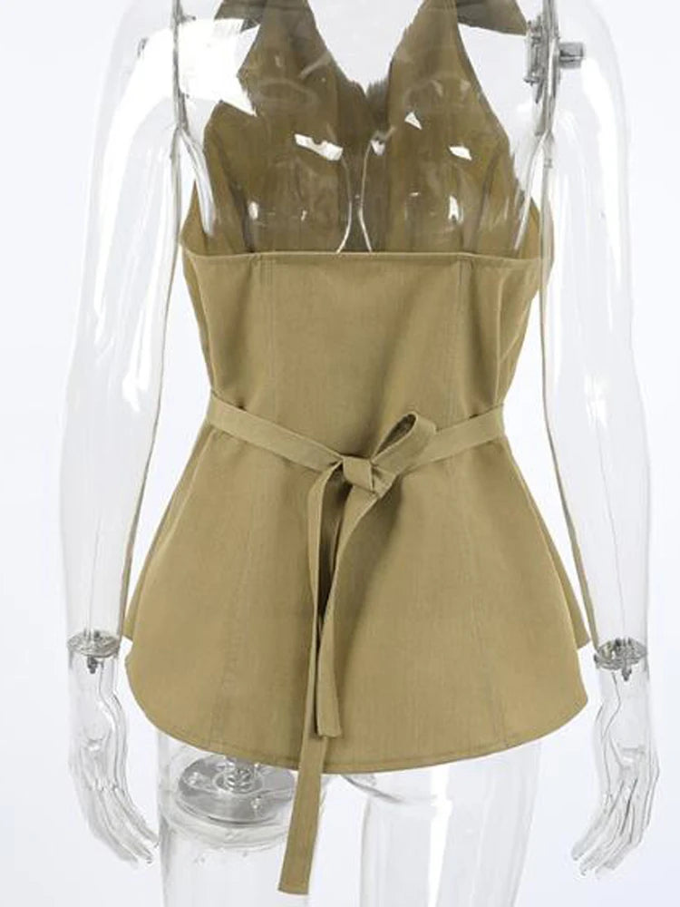 LIZAKOSHT  -  Women's Army Green Lapel Halter Sleeveless Button Front Shirt Elegant Waist Cinched Slim Casual Daily Blouse Streetwear Top