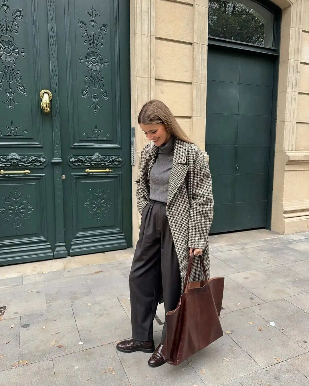 LIZAKOSHT  -  Double Breasted Plaid Pattern Woolen Overcoat Women Fashion Lapel Long Sleeve Loose Coats Lady Winter Daily Commute Coat
