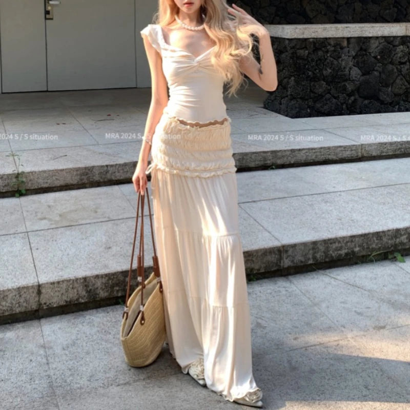 LIZAKOSHT  -  Summer New High Street Lace-up Pleated Solid Color Casual Cake Skirt Women + Sexy Slim Short Sleeve T-shirt Two-piece Suit
