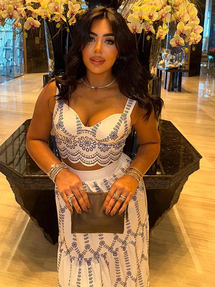 LIZAKOSHT  -  Printed Women Two Piece Set V-neck Sleeveless Vest High Elastic Waist Draped Skirts 2025 Summer Female Vacation Casual Outfits