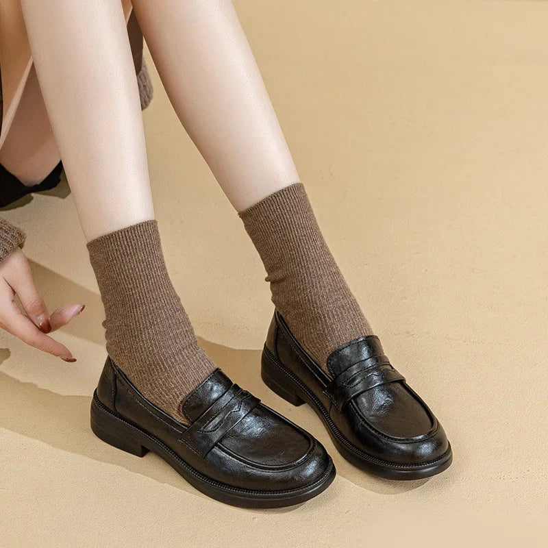 LIZAKOSHT  -  Glossy Leather Loafers Spring Women's Soft Bottom Flat Shoes British Style round Toe Anti-Slip Comfortable All-Season Fo...