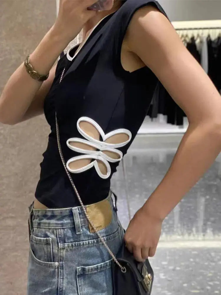 LIZAKOSHT  -  Casual Embroidery T-Shirt Women V Neck Slim Waist Hollow Out Short Sleeves Top Female 2025 Spring Fashion Patchwork Top Lady