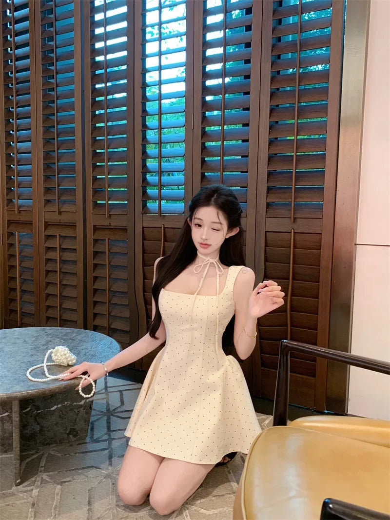LIZAKOSHT  -  Original High Quality French Polka Dot Strap Dress Women's Summer Sexy Slimming Short Skirt Mini Dress Square Collar Sleeveless