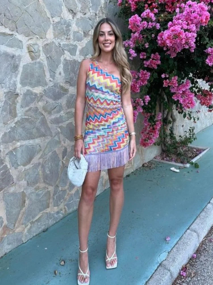 LIZAKOSHT  -  Color Striped Tassel Mini Dress Women Slim Slip Sleeveless Party Club Dresses 2025 Summer New Stylish Beach Holiday Robes Lady
